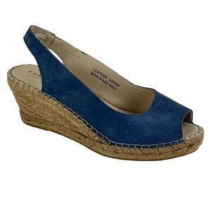 FABIOLAS PEEP TOE BLUE LEATHER SLINGBACK JUTE WRAPPED WEDGE ESPADRILLE SANDAL